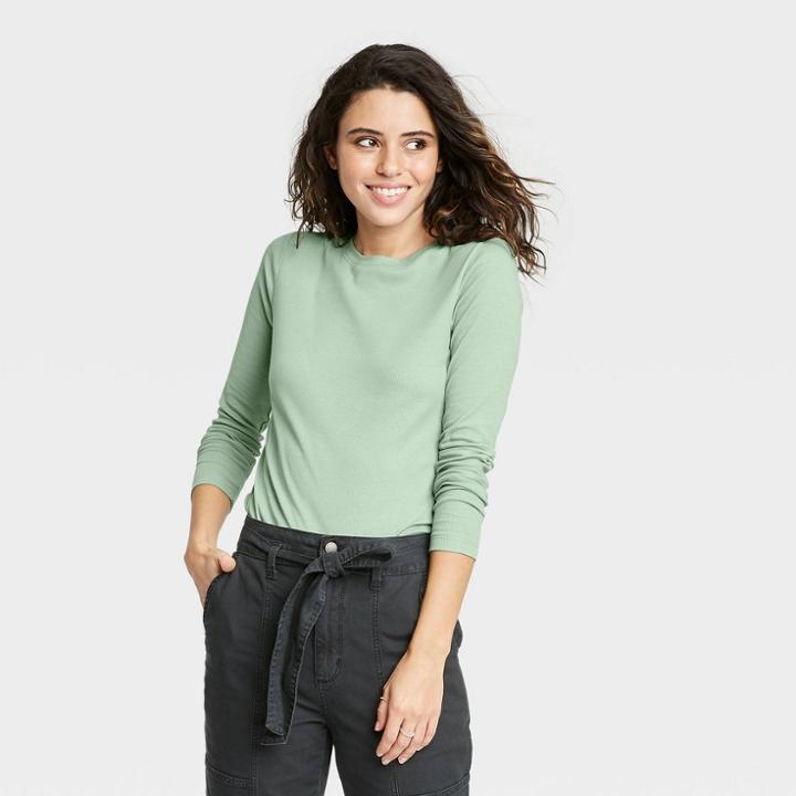 Women's Long Sleeve Slim Fit Rib T-shirt - Universal Thread Green