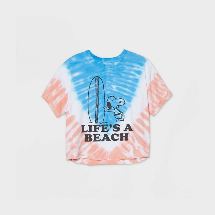 Women's Peanuts Snoopy Plus Size Life's A Beach Short Sleeve Boxy Cropped Graphic T-shirt