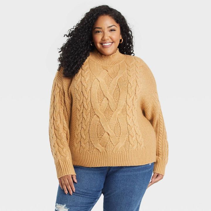 Women's Plus Size Mock Turtleneck Sweater - Ava & Viv Tan X