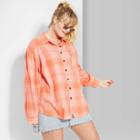 Women's Plus Size Plaid Long Sleeve Button-down Flannel Shirt - Wild Fable Pink/orange