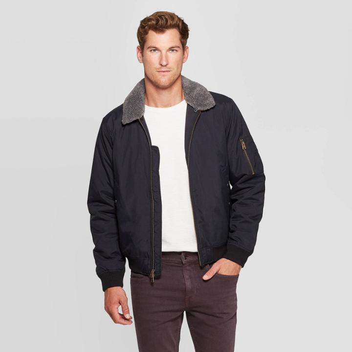Men's Standard Fit Long Sleeve Midweight Sherpa Bomber Jacket - Goodfellow & Co Navy S, Size: