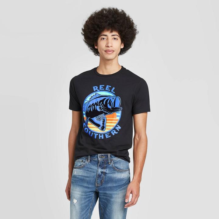 Men's Short Sleeve Crewneck Reel Southern Graphic T-shirt - Awake Black S, Men's,
