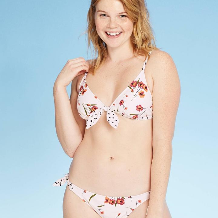 Women's Tie Front Triangle Bikini Top - Xhilaration Floral Print S, Women's, Size: