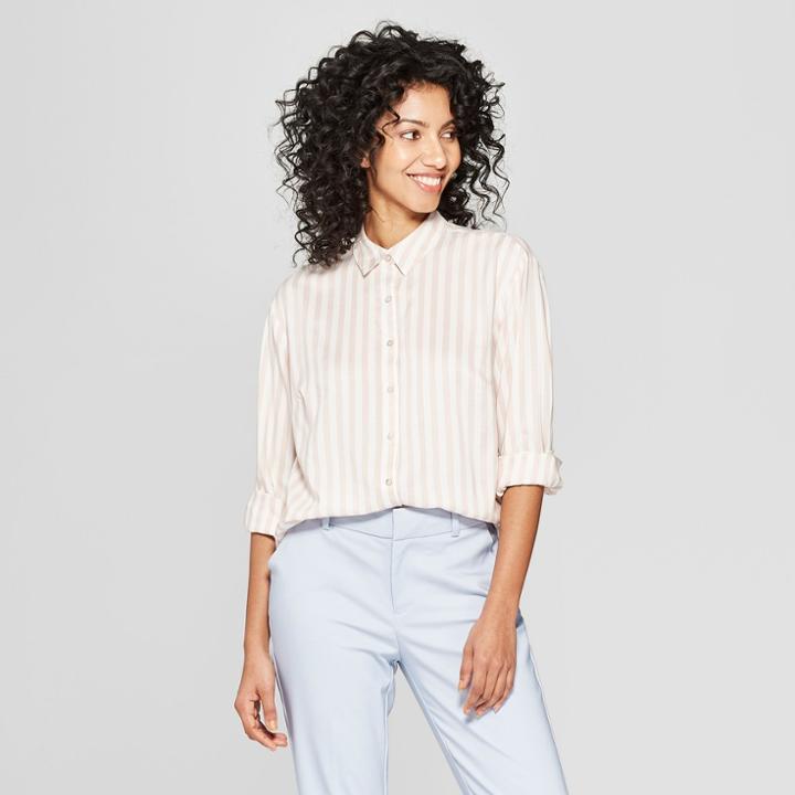 Women's Striped Long Sleeve Any Day Shirt - A New Day White/light Pink