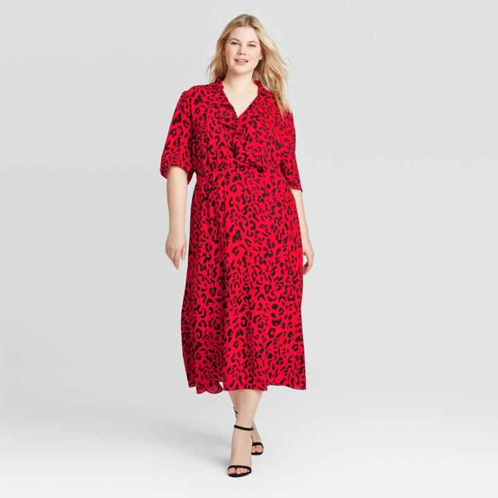 Women's Plus Size Leopard Print Elbow Sleeve Dress - Who What Wear Red 1x, Women's,