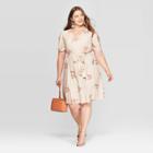 Women's Plus Size Floral Print Puff Short Sleeve V-neck Knitted Mini Dress - Ava & Viv Beige X, Women's