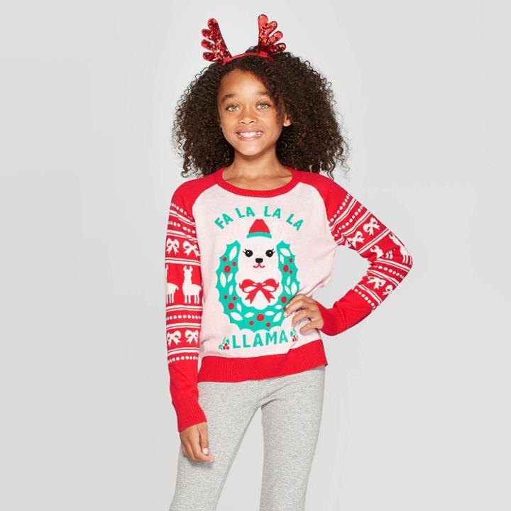 Well Worn Girls' Fa La La Llama Ugly Christmas Sweater - Pink