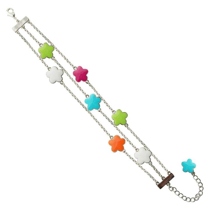 Zirconite Rhodium Plated Multi-strand Bracelet With Enameled Daisies - 7, Women's,
