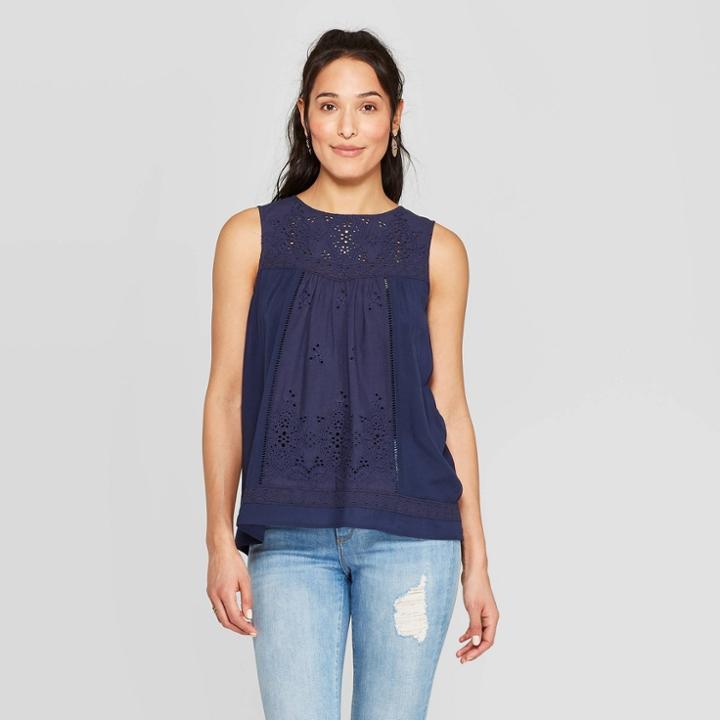 Women's Sleeveless Crewneck Eyelet Knit Back Tank Top - Knox Rose Navy