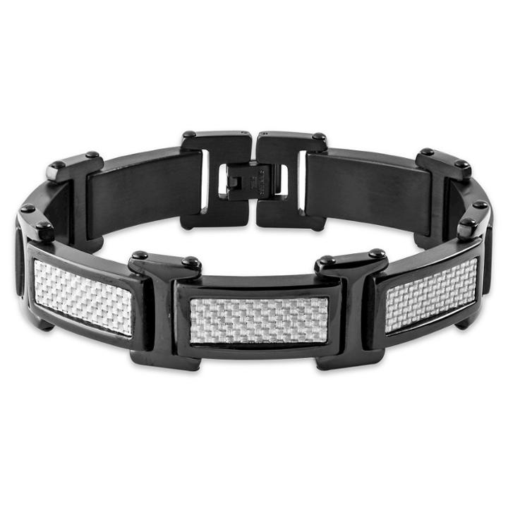 Men's Crucible Blackplated Stainless Steel Gray Carbon Fiber Link Bracelet, Gray Black