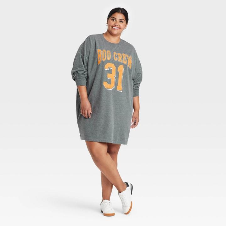 Grayson Threads Women's Plus Size Boo Crew Long Sleeve Graphic Sweatshirt Dress - Gray