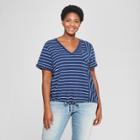 Women's Plus Size Striped Drawstring Short Sleeve T-shirt - Ava & Viv Navy/white
