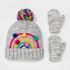 Toddler Girls' Rainbow Pom Beanie With Mittens - Cat & Jack Heather Gray 12-24m, Gray/grey