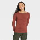 Women's Long Sleeve Slim Fit Boat Neck Ruched Front Top - A New Day Brown