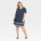 Women's Plus Size Printed Short Sleeve Smocked Front Dress - Knox Rose Navy