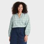 Women's Plus Size Balloon Long Sleeve Popover Blouse - A New Day Blue Plaid