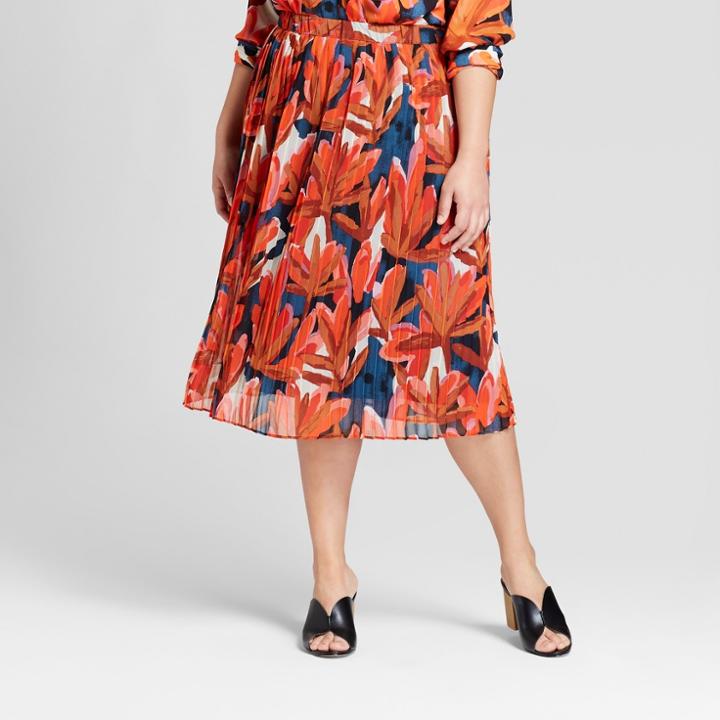 Women's Plus Size Tropical Print Pleated Skirt - Who What Wear Orange/blue 1x, Orange/blue Tropical Print