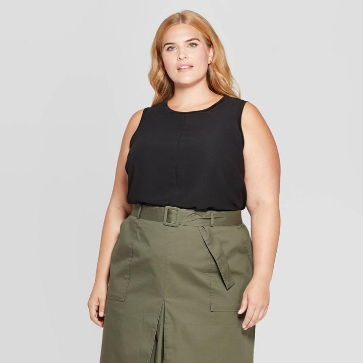 Women's Plus Size Sleeveless Crewneck Ladder Trim Blouse - Ava & Viv Black