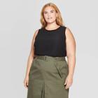 Women's Plus Size Sleeveless Crewneck Ladder Trim Blouse - Ava & Viv Black
