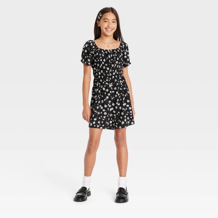 Girls' Puff Short Sleeve Printed Woven Romper - Art Class Black Daisy