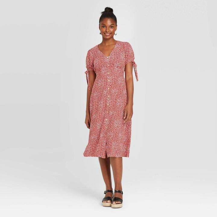 Women's Floral Print Puff Short Sleeve Button-front Dress - Universal Thread Red