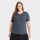 Women's Plus Size Short Sleeve Ribbed T-shirt - A New Day Dark Blue