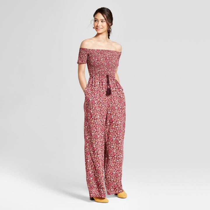 Women's Floral Print Short Sleeve Smocked Off The Shoulder Jumpsuit - Xhilaration Berry (pink)