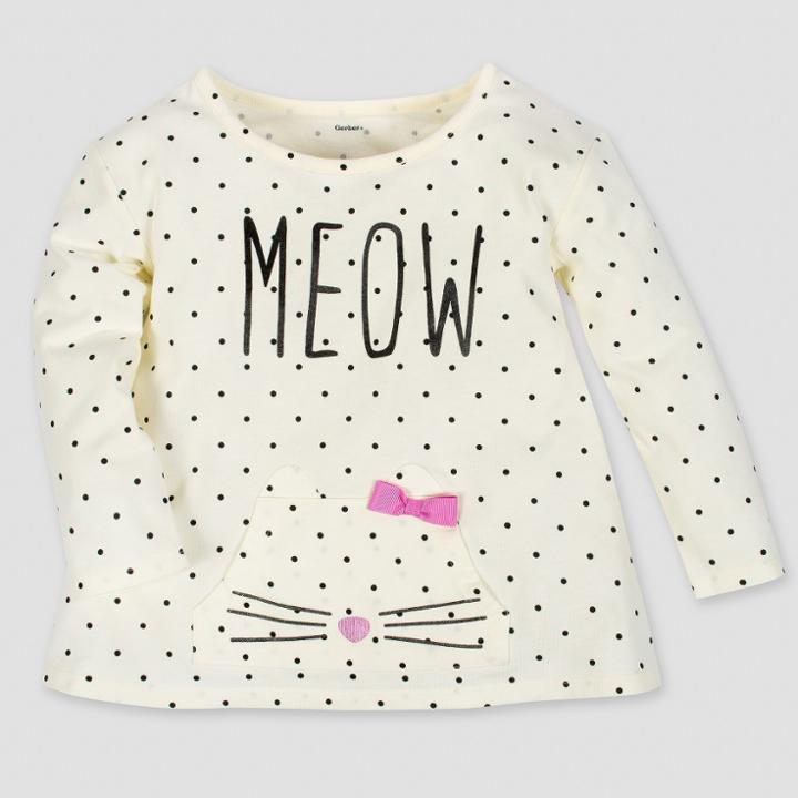 Gerber Toddler Girls' Long Sleeve Meow Top With Front Pocket & Bow - Cream