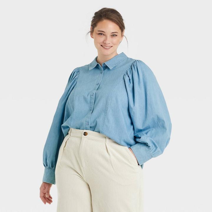 Women's Plus Size Ruffle Long Sleeve Button-down Shirt - Who What Wear Blue