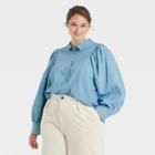 Women's Plus Size Ruffle Long Sleeve Button-down Shirt - Who What Wear Blue