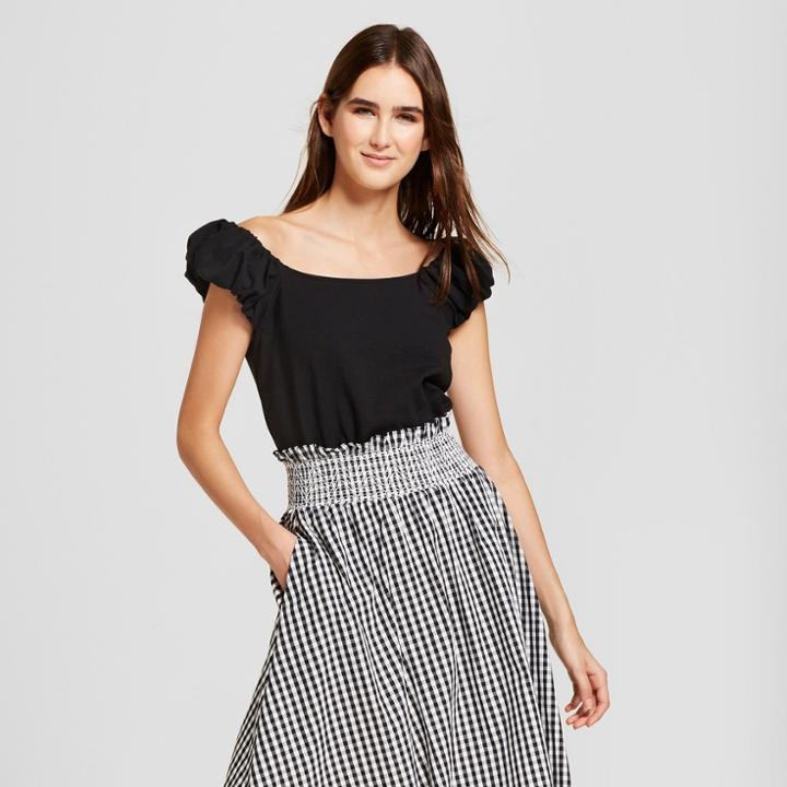 Women's Short Puff Sleeve Bardot Top- Who What Wear Black