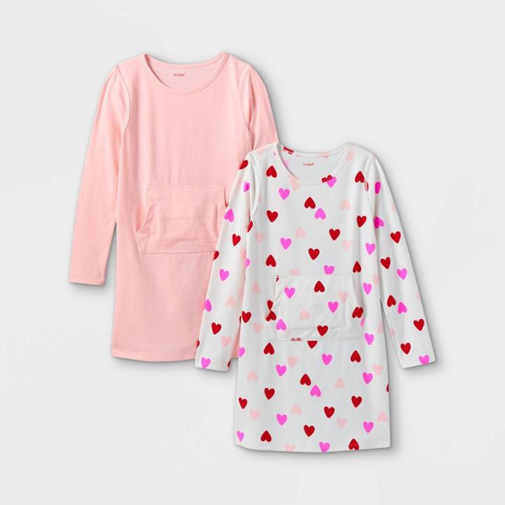 Girls' 2pk Adaptive Abdominal Access Valentines Long Sleeve Dress - Cat & Jack Powder Pink/cream