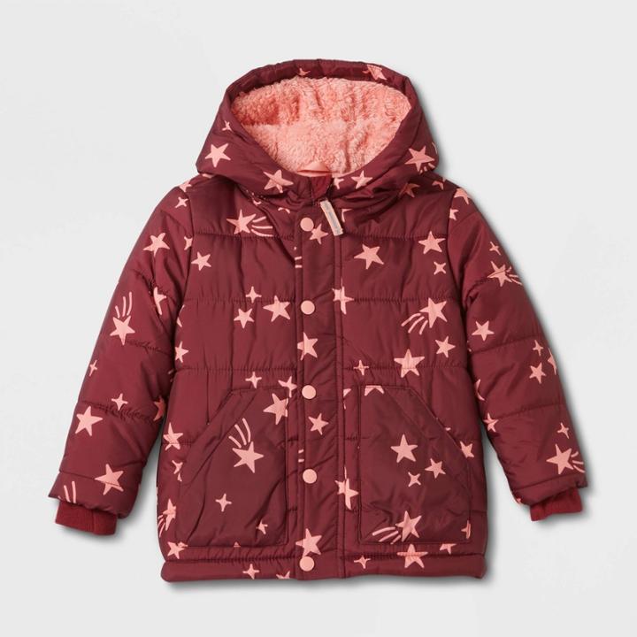 Toddler Girls' Star Long Sleeve Puffer Jacket - Cat & Jack Maroon