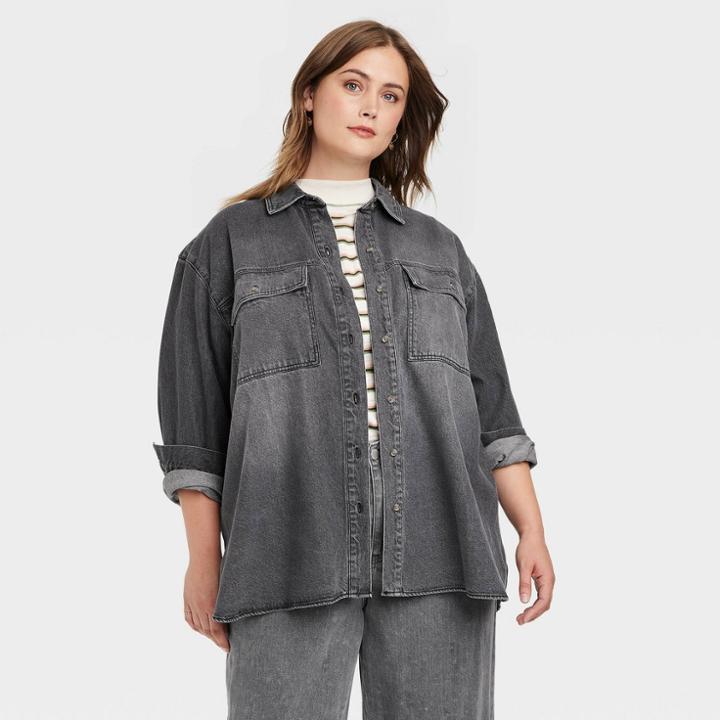 Women's Plus Size Long Sleeve Oversized Utility Button-down Shirt - Universal Thread Gray