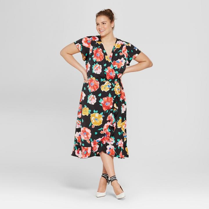 Women's Plus Size Floral Print Short Flutter Sleeve Wrap Midi Dress - Who What Wear Black/pink 2x, Black/pink Floral