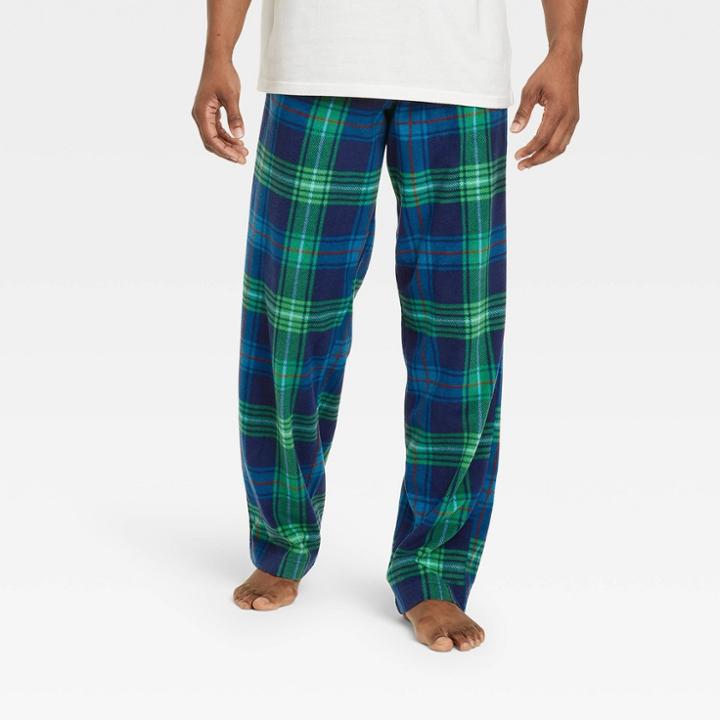 Men's Tall Holiday Tartan Plaid Fleece Matching Family Pajama Pants - Wondershop Blue