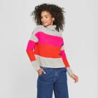 Women's Long Sleeve Striped Mockneck Color Block Sweater - Cliche Pink