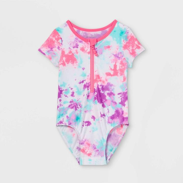 Toddler Girls' Tie-dye Short Sleeve One Piece Swimsuit - Cat & Jack White