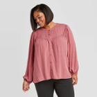 Women's Plus Size Polka Dot Long Sleeve Button-front Blouse - A New Day Pink
