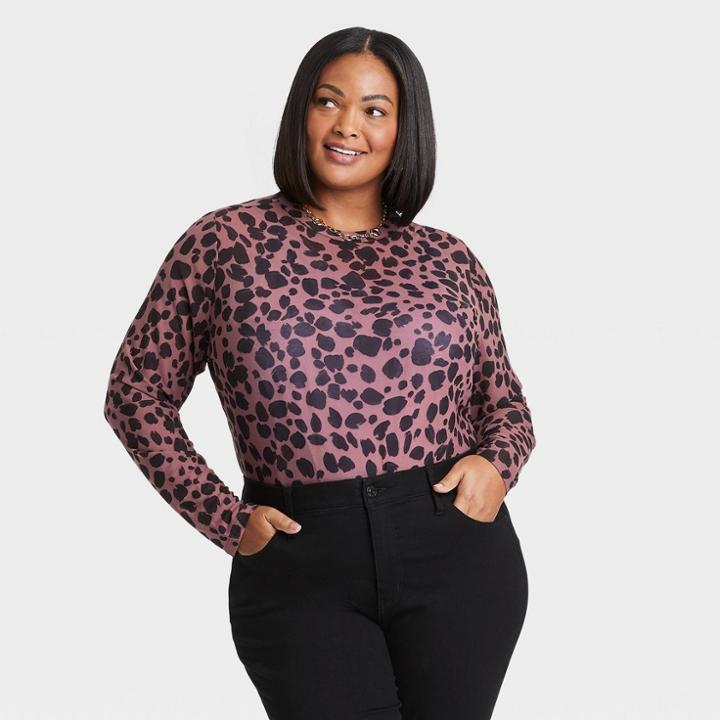 Women's Plus Size Long Sleeve Mesh Top - Ava & Viv Leopard Print X