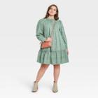 Women's Plus Size Floral Print Puff Long Sleeve Ruffle Dress - Universal Thread Green