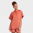 Women's Short Sleeve Satin Button-down Shirt - A New Day Orange