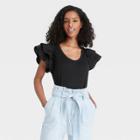 Women's Ruffle Short Sleeve Scoop Neck Mixed Media T-shirt - A New Day Black