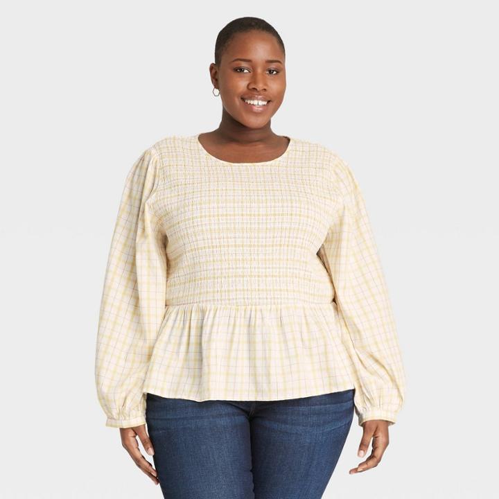 Women's Plus Size Plaid Puff 3/4 Sleeve Smocked Blouse - Universal Thread Cream