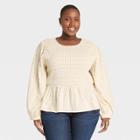 Women's Plus Size Plaid Puff 3/4 Sleeve Smocked Blouse - Universal Thread Cream