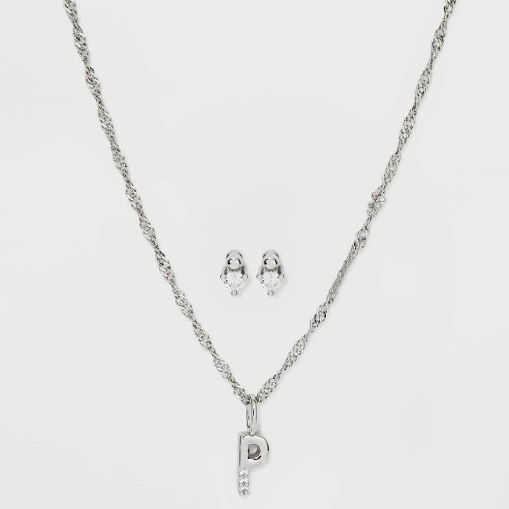 Silver Plated Cubic Zirconia 'p' Initial Earring And Pendant Necklace Set - A New Day
