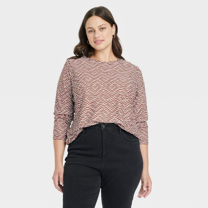 Women's Plus Size Long Sleeve Slim Fit Jacquard T-shirt - Ava & Viv Burgundy Striped X, Red
