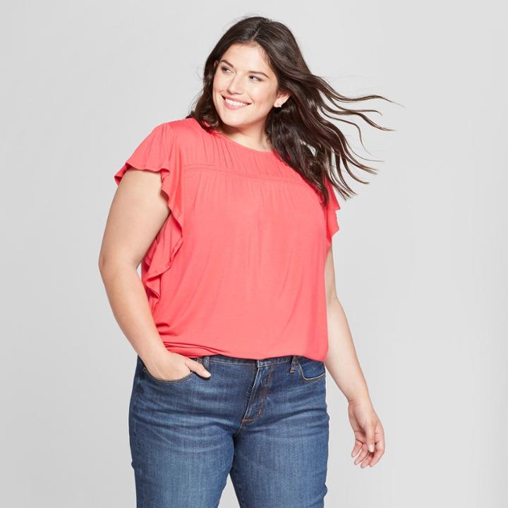 Women's Plus Size Flutter Short Sleeve Top - Ava & Viv Red X