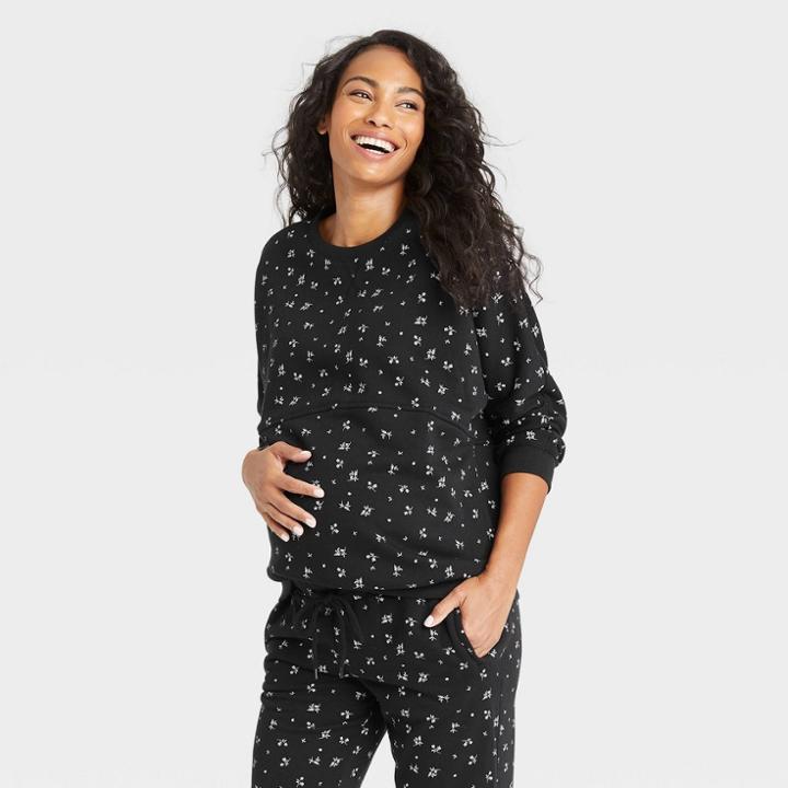 The Nines By Hatch French Terry Maternity Sweatshirt Black Floral Print