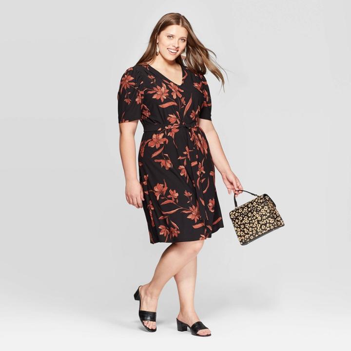 Women's Plus Size Floral Print Puff Short Sleeve V-neck Knitted Mini Dress - Ava & Viv Black 3x, Women's,